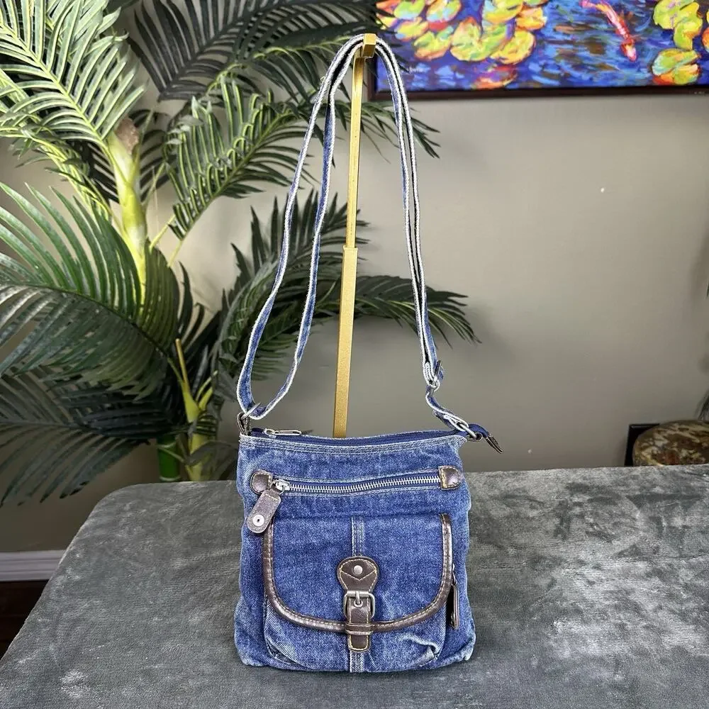 Denim Small Crossbody Hippie distressed Vegan plether